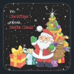 Fun Kids Christmas Personalized Gift Square Sticker<br><div class="desc">Kids personalized gift tag sticker,  featuring an cute illustration of santa claus,  presents and a christmas tree on a black background and a snow overlay for that magical effect. Makes labelling up all those gifts fun and easy.</div>