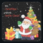 Fun Kids Christmas Personalized Gift Square Sticker<br><div class="desc">Kids personalized gift tag sticker,  featuring an cute illustration of santa claus,  presents and a christmas tree on a black background and a snow overlay for that magical effect. Makes labelling up all those gifts fun and easy.</div>