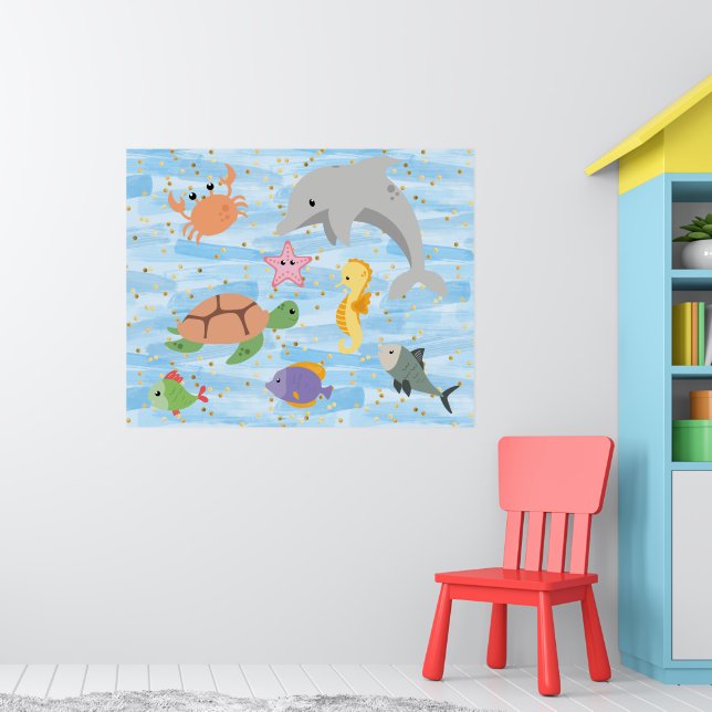 Fun kids cute sea animals dolphin turtle starfish poster (Nursery 1)