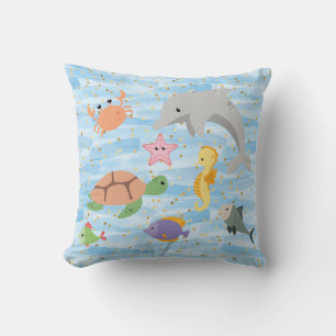 Fun kids cute sea animals dolphin turtle starfish throw pillow