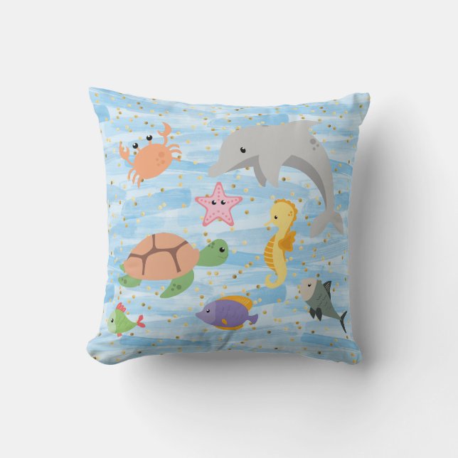 Fun kids cute sea animals dolphin turtle starfish throw pillow (Front)