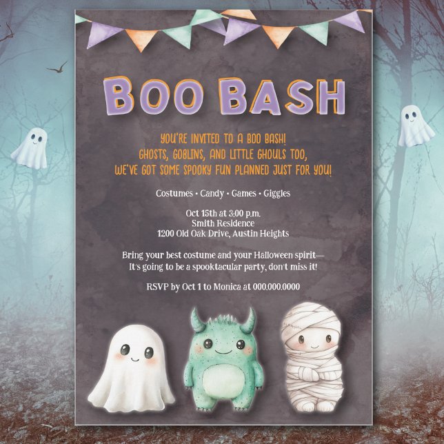 Fun Kids Halloween Party Invitation (Fun Boo Bash kids Halloween invite with cute ghost, mummy & monster in playful watercolor style.)