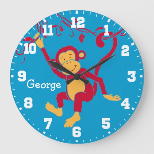 Fun kids name monkey red blue  white wall clock