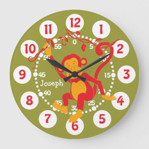 Fun kids name monkey red  green wall clock