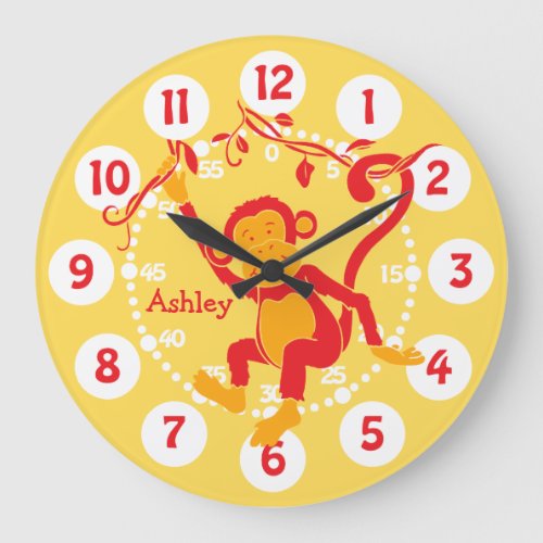 Fun kids name monkey red  yellow wall clock