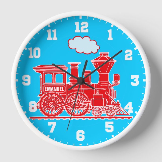 Fun kids name train red and blue wall clock (Front)