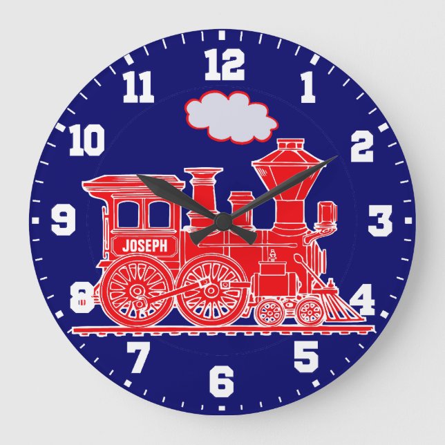 Fun kids name train red and navy blue wall clock (Front)