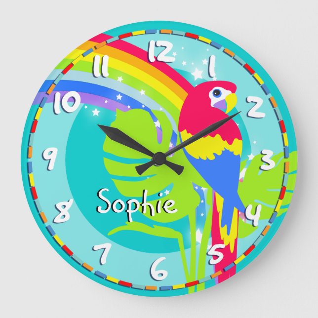 Fun kids rainbow macaw parrot name aqua wall clock (Front)