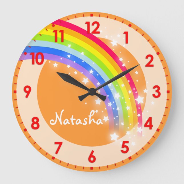 Fun kids rainbow name orange wall clock (Front)