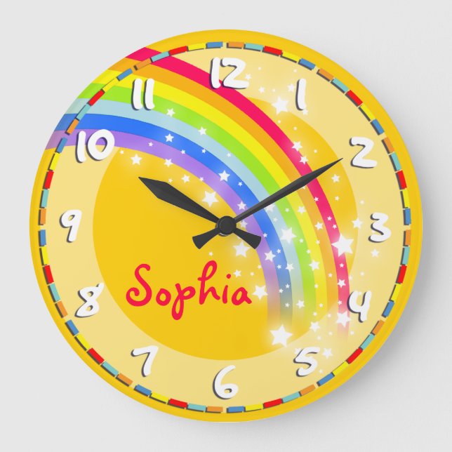 Fun kids rainbow name yellow wall clock (Front)
