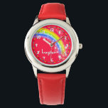 Fun kids rainbow red name wrist watch<br><div class="desc">Bright red colorful rainbow graphic art kids watch. Customise with your name currently reads Layton.</div>