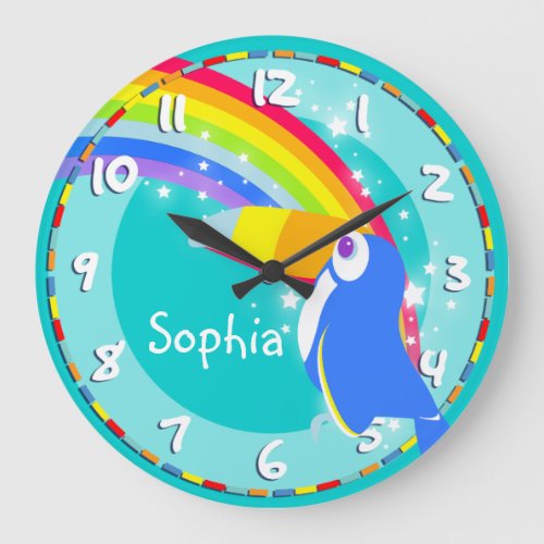 Fun kids rainbow toucan name aqua wall clock