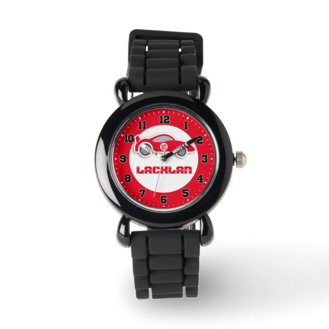 Fun kids red car add your name & age wrist watch (Front)