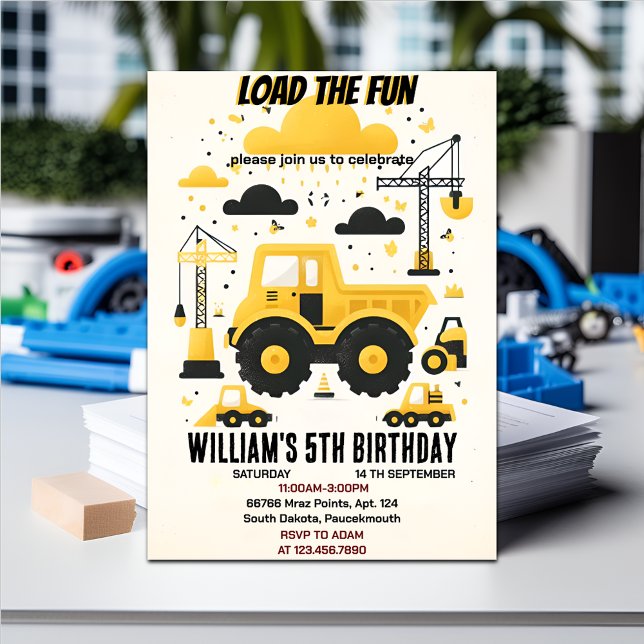 fun kids Simple construction trucks 5th birthday Invitation (Creator Uploaded)