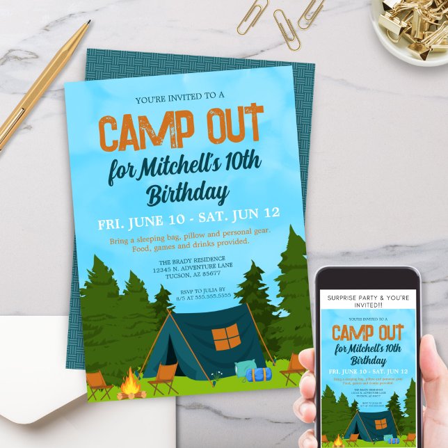 Fun Kids Tent Camp Out Birthday Party Invitation (Personalized camp out birthday party invitation for kids camping theme sleepover adventure outdoors)