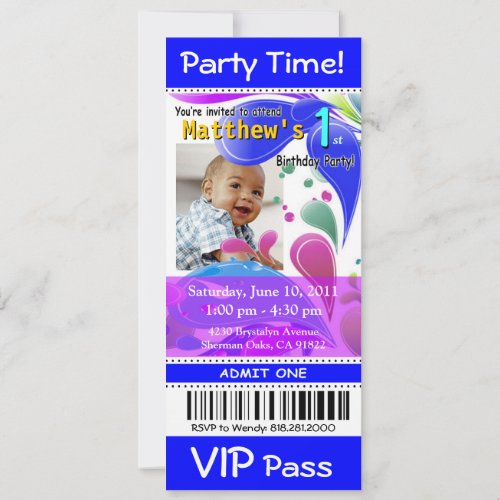 Fun Kids VIP Pass Event Ticket Photo Party blue Invitation