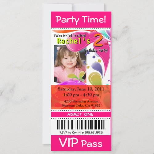 Fun Kids VIP Pass Event Ticket Photo Party fuschia Invitation