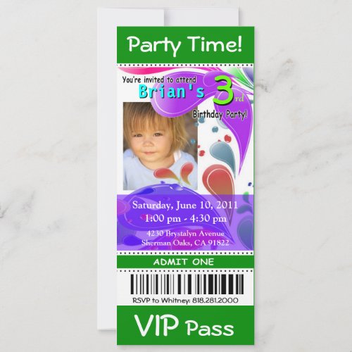 Fun Kids VIP Pass Event Ticket Photo Party green Invitation