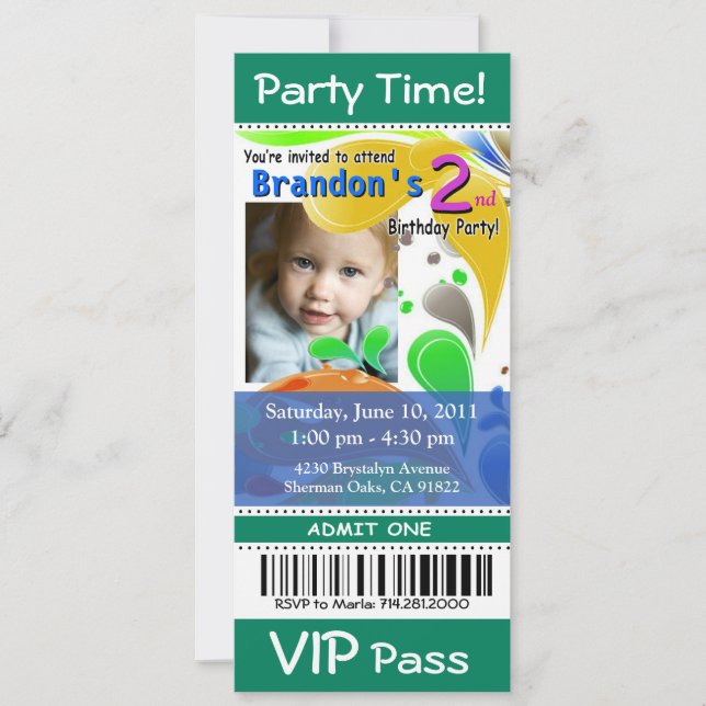 Fun Kids VIP Pass Event Ticket Photo Party (jade) Invitation (Front)