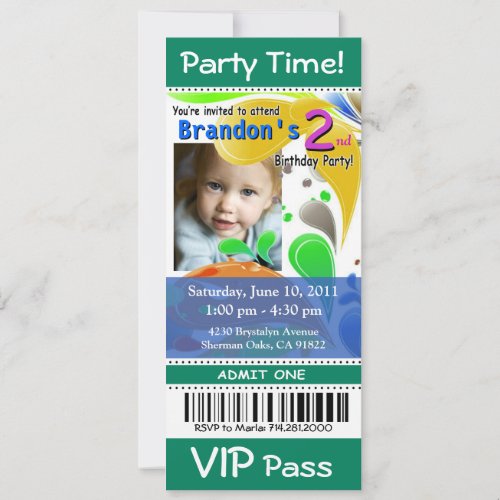 Fun Kids VIP Pass Event Ticket Photo Party jade Invitation