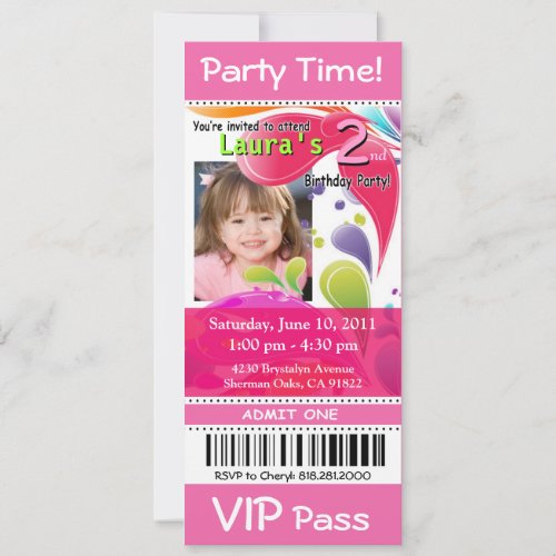 Fun Kids VIP Pass Event Ticket Photo Party pink Invitation