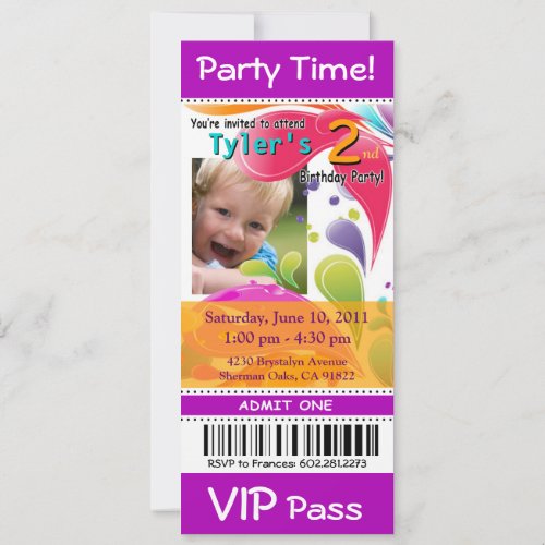 Fun Kids VIP Pass Event Ticket Photo Party purple Invitation