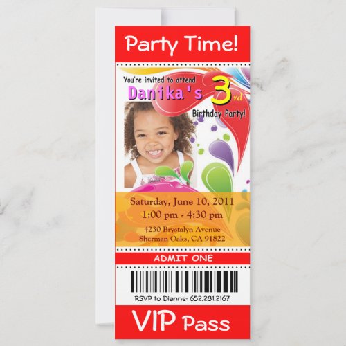 Fun Kids VIP Ticket Photo Party red Invitation
