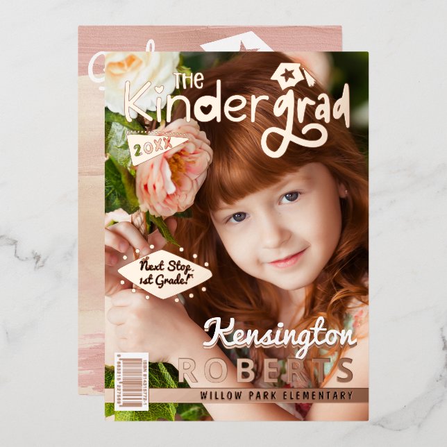 Fun Kindergarten Photo Magazine Cover Grad Party Foil Invitation (Front/Back)