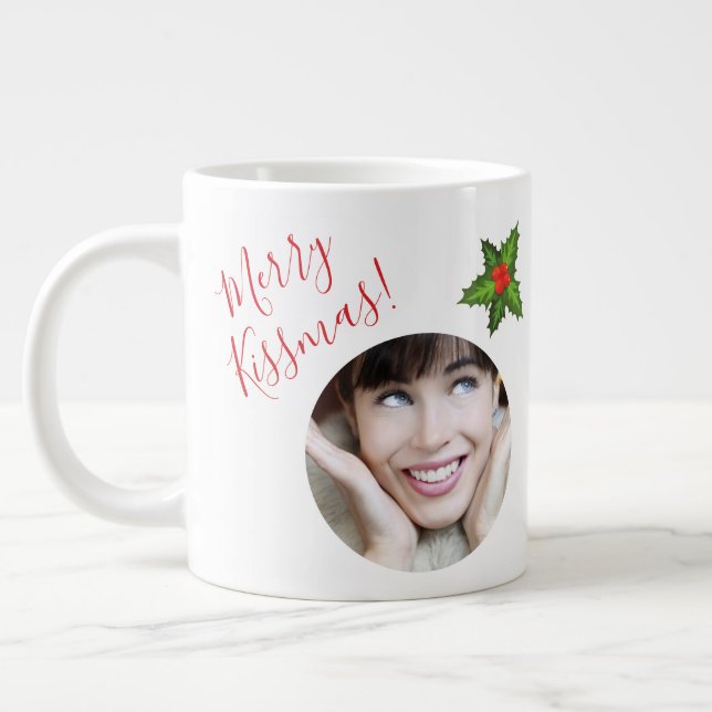 Fun "Kissmas" Romantic Christmas Photo Mistletoe  Giant Coffee Mug (Left)