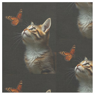 Fun Kitten Butterfly Black Background Fabric