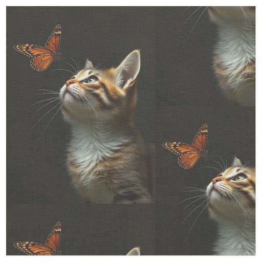 Fun Kitten Butterfly Black Background Fabric