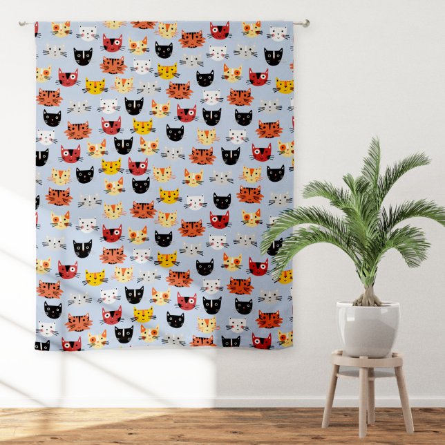 Fun Kitty Cat Blue Pattern Sheer Curtains (Fun blue kitty cat pattern sheer or blackout curtains for animal lovers)