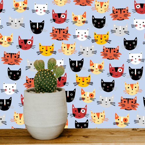 Fun Kitty Cat Blue Pattern Wallpaper