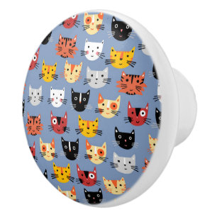 Fun Kitty Cat Pattern Blue Ceramic Knob