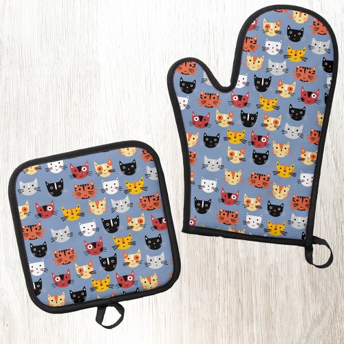 Fun Kitty Cat Pattern Blue Oven Mitt  Pot Holder Set