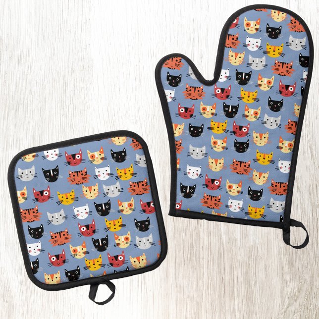 Fun Kitty Cat Pattern Blue Oven Mitt & Pot Holder Set (Fun kitty cat pattern blue kitchen oven glove or mitt and pot holder)