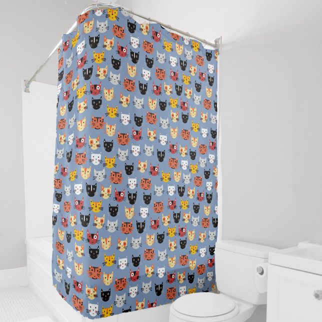 Fun Kitty Cat Pattern Blue Shower Curtain (Fun Kitty Cat blue pattern shower curtain)