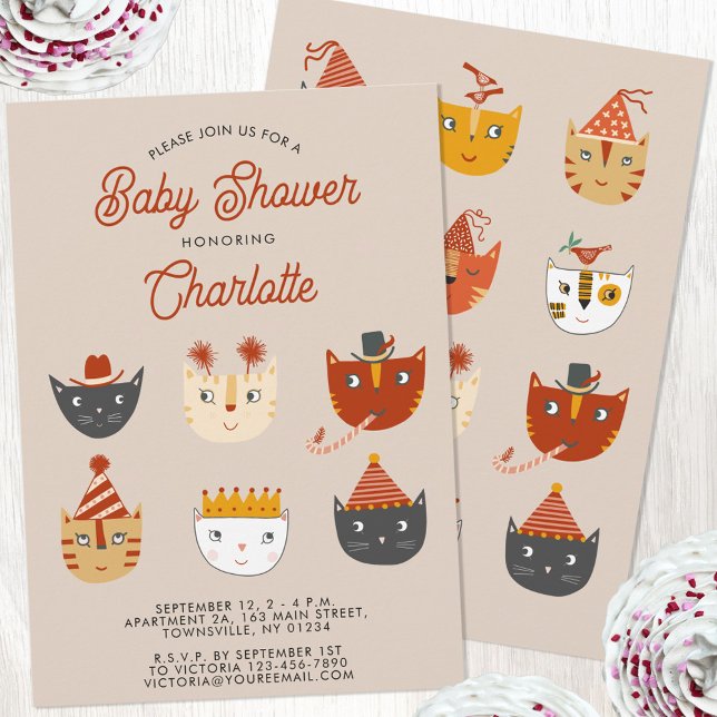 Fun Kitty Cat Personalized Baby Shower Invitation (Personalized cute kitty cat gendern neutral boy or girl baby shower invitation)