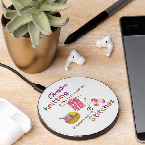 Fun Knitting is the Best Medicine Rainbow Quote Wireless Charger