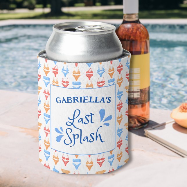 Fun "Last Splash" Theme Personalized Bachelorette Can Cooler (Personalized Bachelorette Can Cooler - Last Splash Pool Party Favor with Fun Bikini Design!)