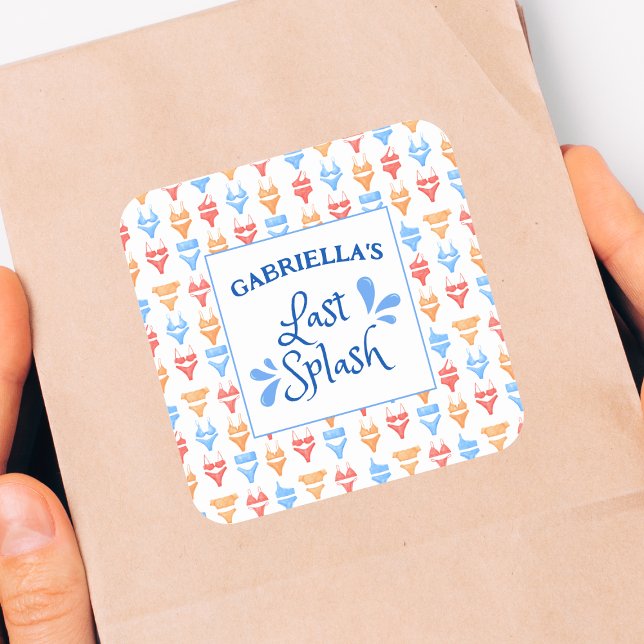 Fun "Last Splash" Theme Personalized Bachelorette Square Sticker (Custom Bachelorette Party Stickers - Last Splash Beach Theme with Fun Bikini Pattern!)