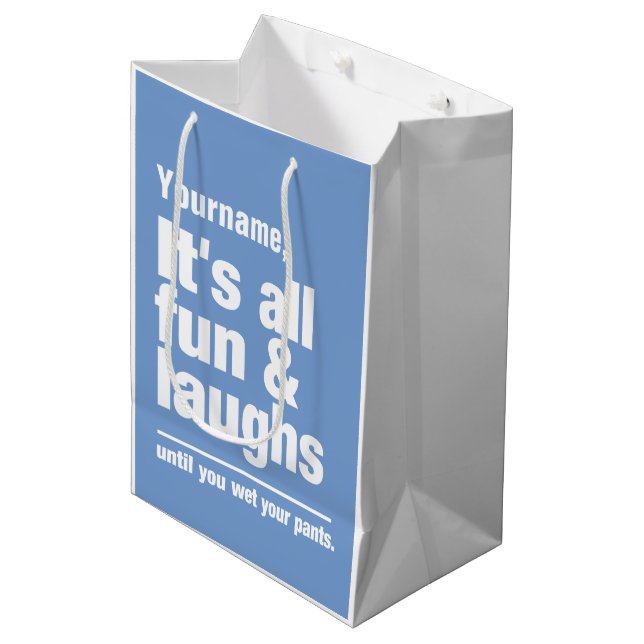FUN & LAUGHS custom color & name gift bags (Front Angled)