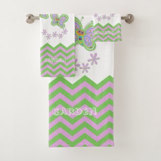 Fun Lavender Butterfly Garden Custom Name Bath Towel Set
