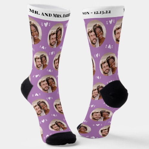 Fun Lavender Newlyweds Photo Pattern Wedding Socks
