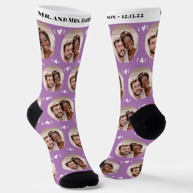 Fun Lavender Newlyweds Photo Pattern Wedding Socks (Angled)