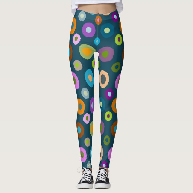 Fun leggings all over colorful dots on dark blue (Front)