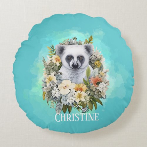 Fun lemur tropical floral teal custom name dotty round pillow