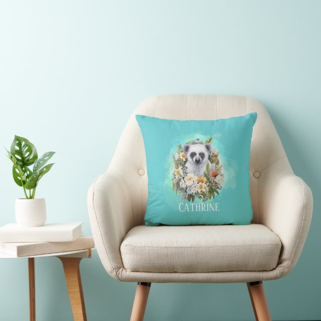 Fun lemur tropical floral teal custom name dotty throw pillow (Chair)