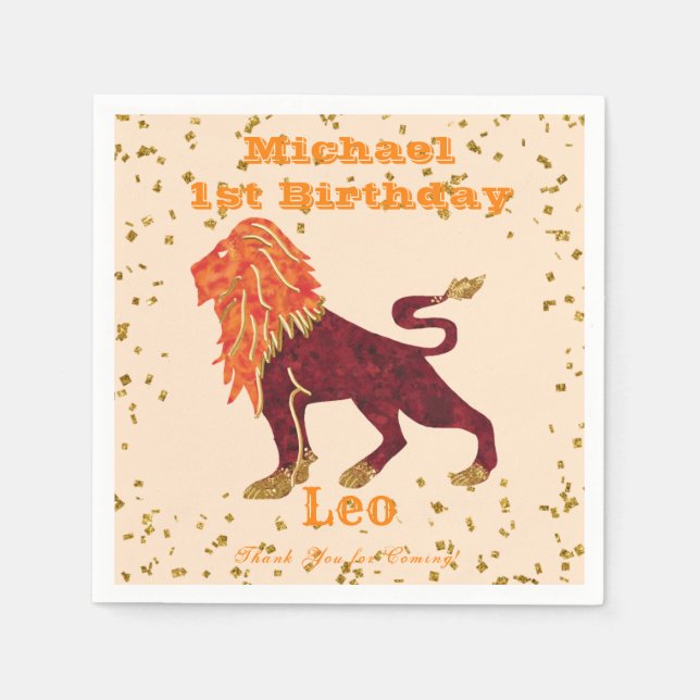 Fun Leo First Birthday & Gold Confetti Napkins (Front)