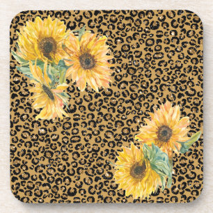 Fun Leopard and Sunflower Floral Beverage Coaster